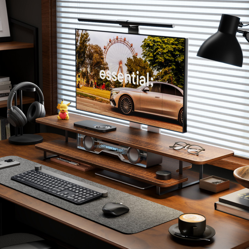 Walnut Finish Monitor Stand Ri - Desk Setup With Laptop And Monitor บทวิจารณ์และราคา