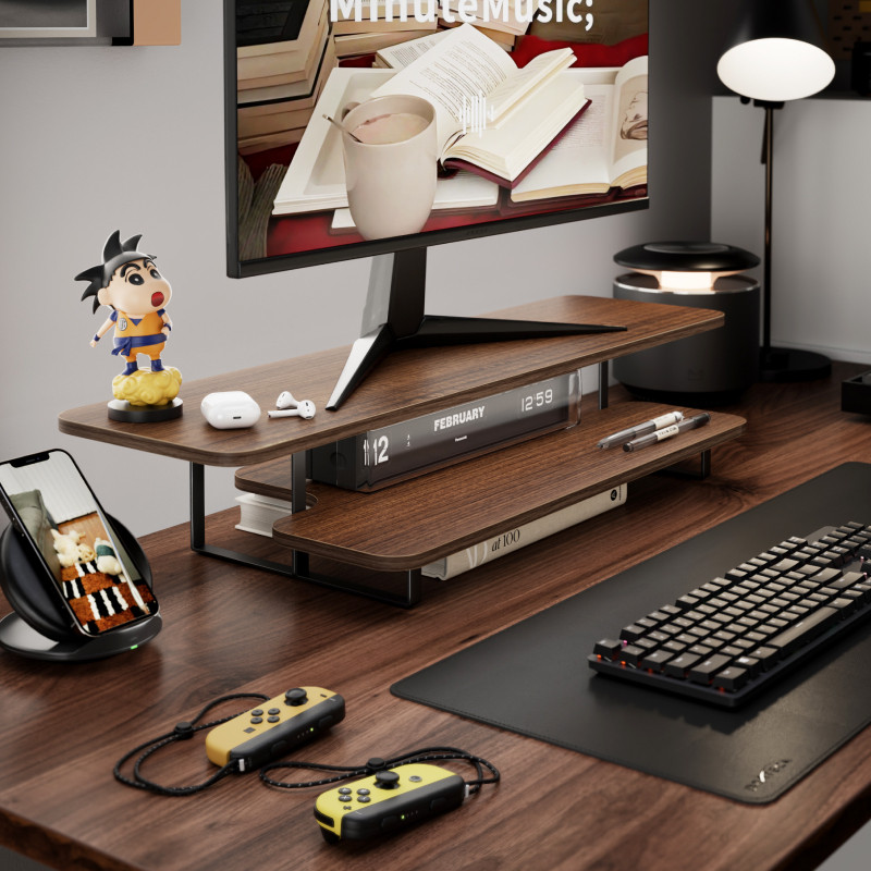 Walnut Finish Monitor Stand Ri - Desk Setup With Laptop And Monitor บทวิจารณ์และราคา